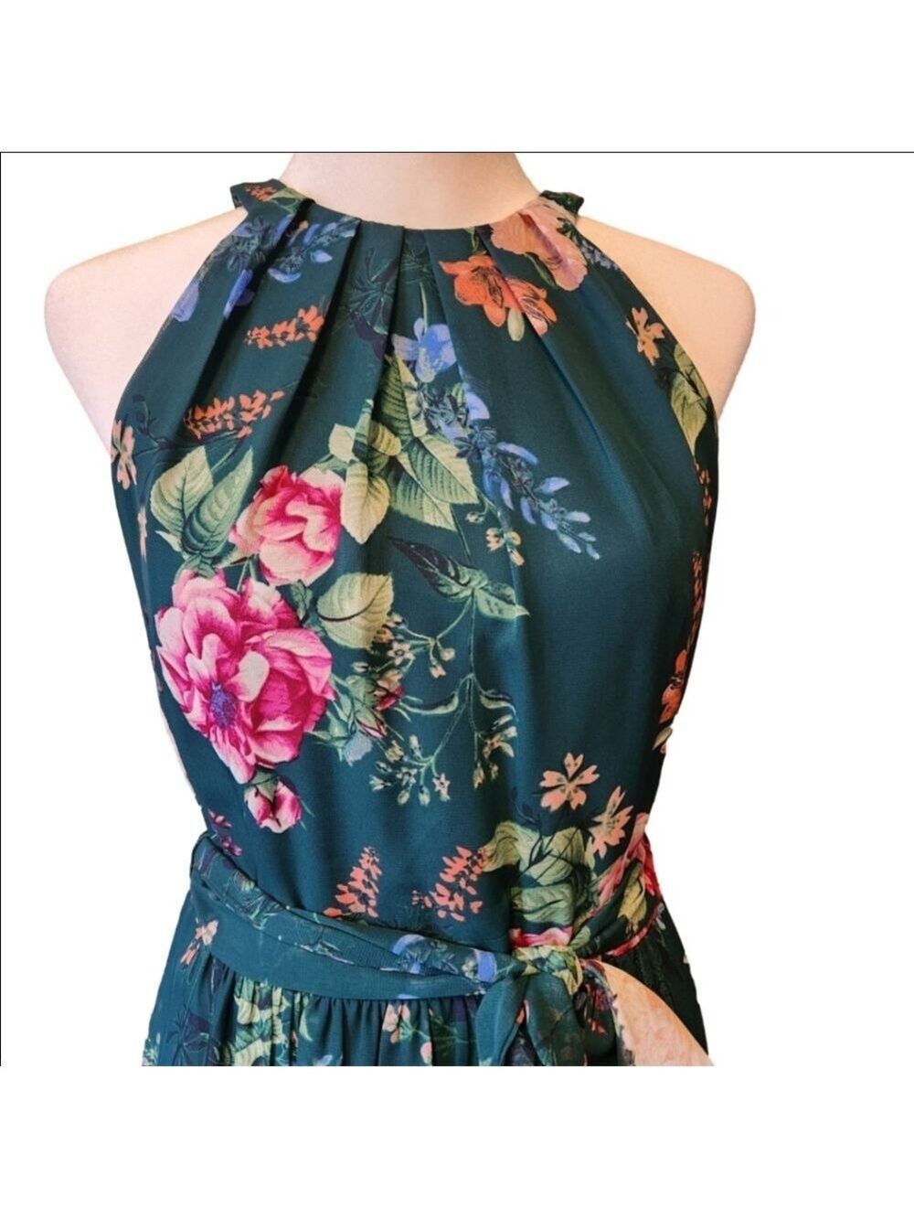 ELIZA J EMERALD GREEN FLOWY FLORAL SLEEVELESS HALTER MAXI DRESS SIZE 8 - Picture 4 of 7
